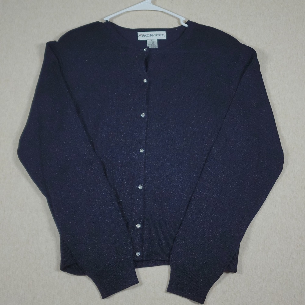 Silk Blend Metallic Shimmer Cardigan Sweater Womens PL Black Rhinestone Y2K